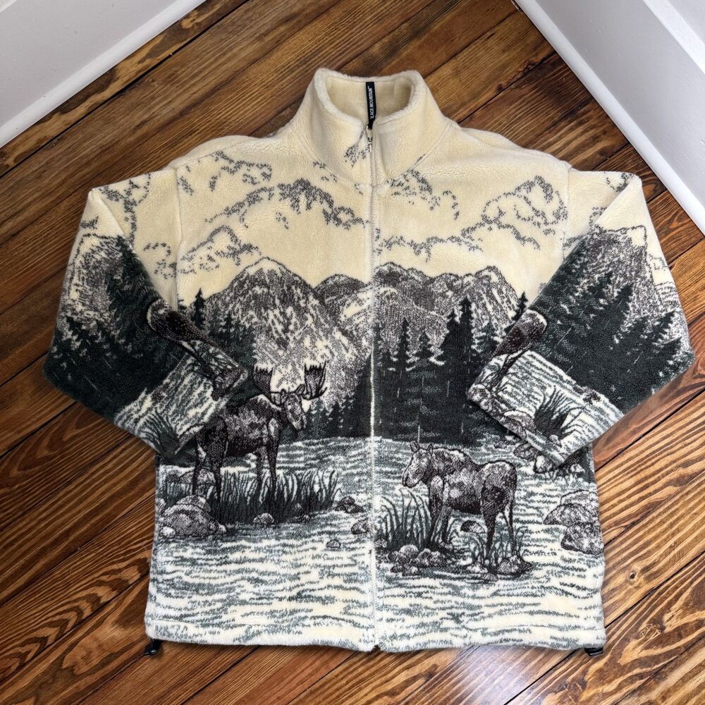 Vintage Moose Scenic Fleece Jacket All Over Print Wildlife Mountain USA Large